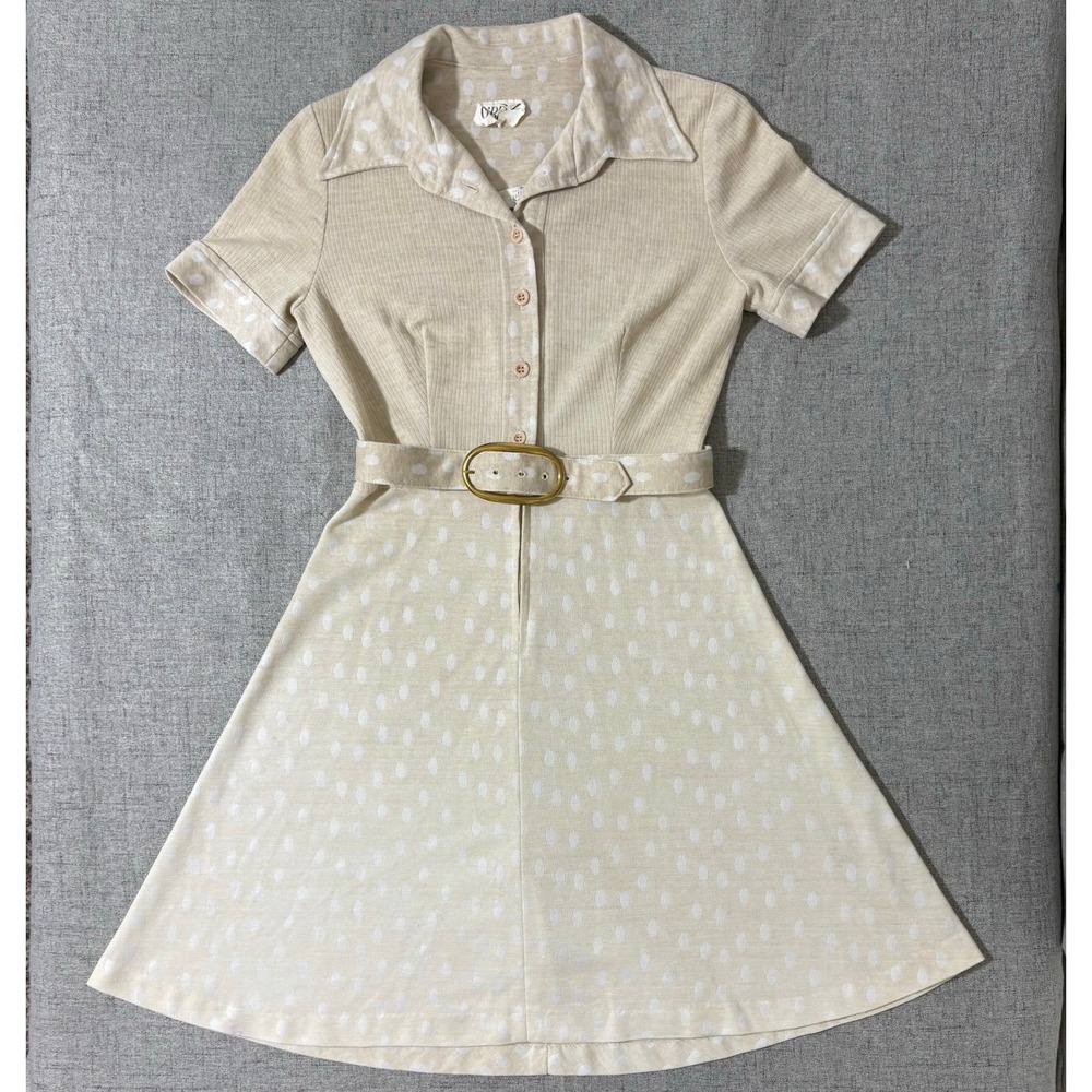 Vintage 70s O Bryan Dress Women Small 4 Beige Belted A Line Dress Polka Dot - Picture 3 of 11